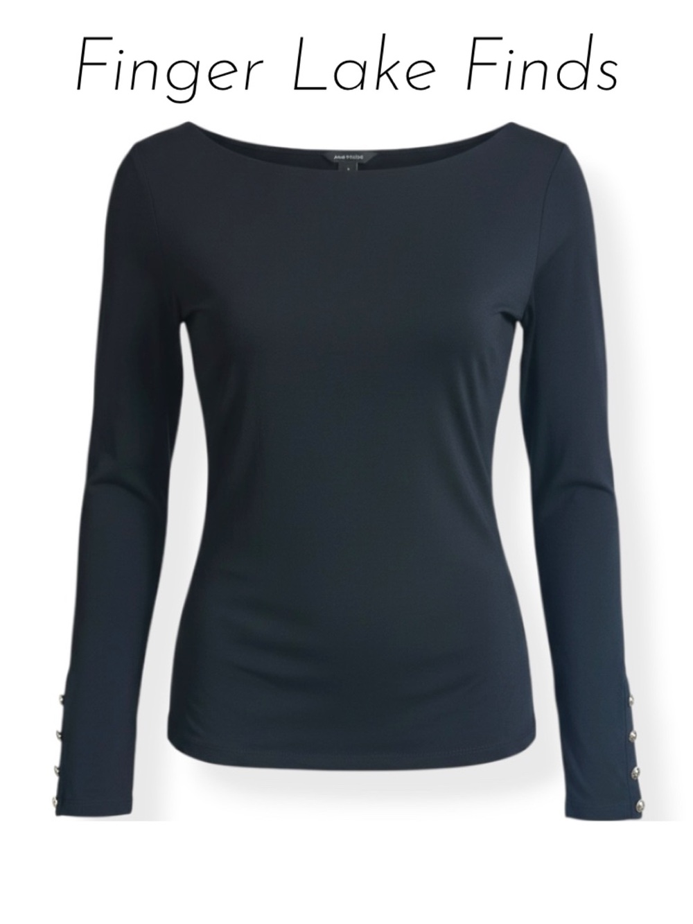 Ann Taylor Black Boatneck Long Sleeve Top with Gold Cuff Buttons, M